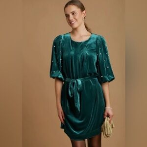 Umgee pearl noel bubble sleeve emerald green velvet dress with belt